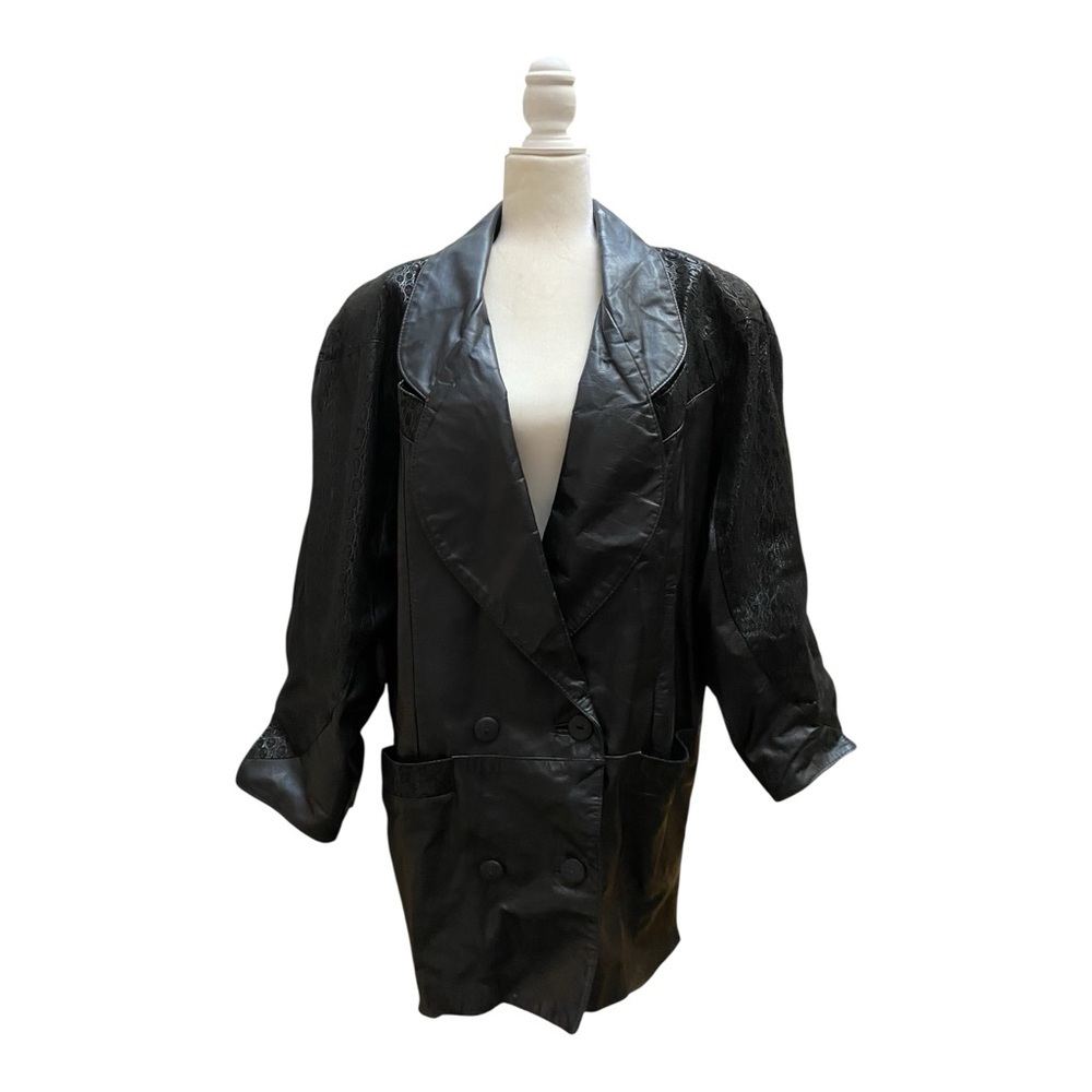 G-III Vintage Black Leather Trench Style Jacket Coat Size Large Animal Print